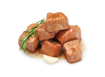 Photo of Pieces of delicious cooked beef, garlic and rosemary isolated on white. Tasty goulash