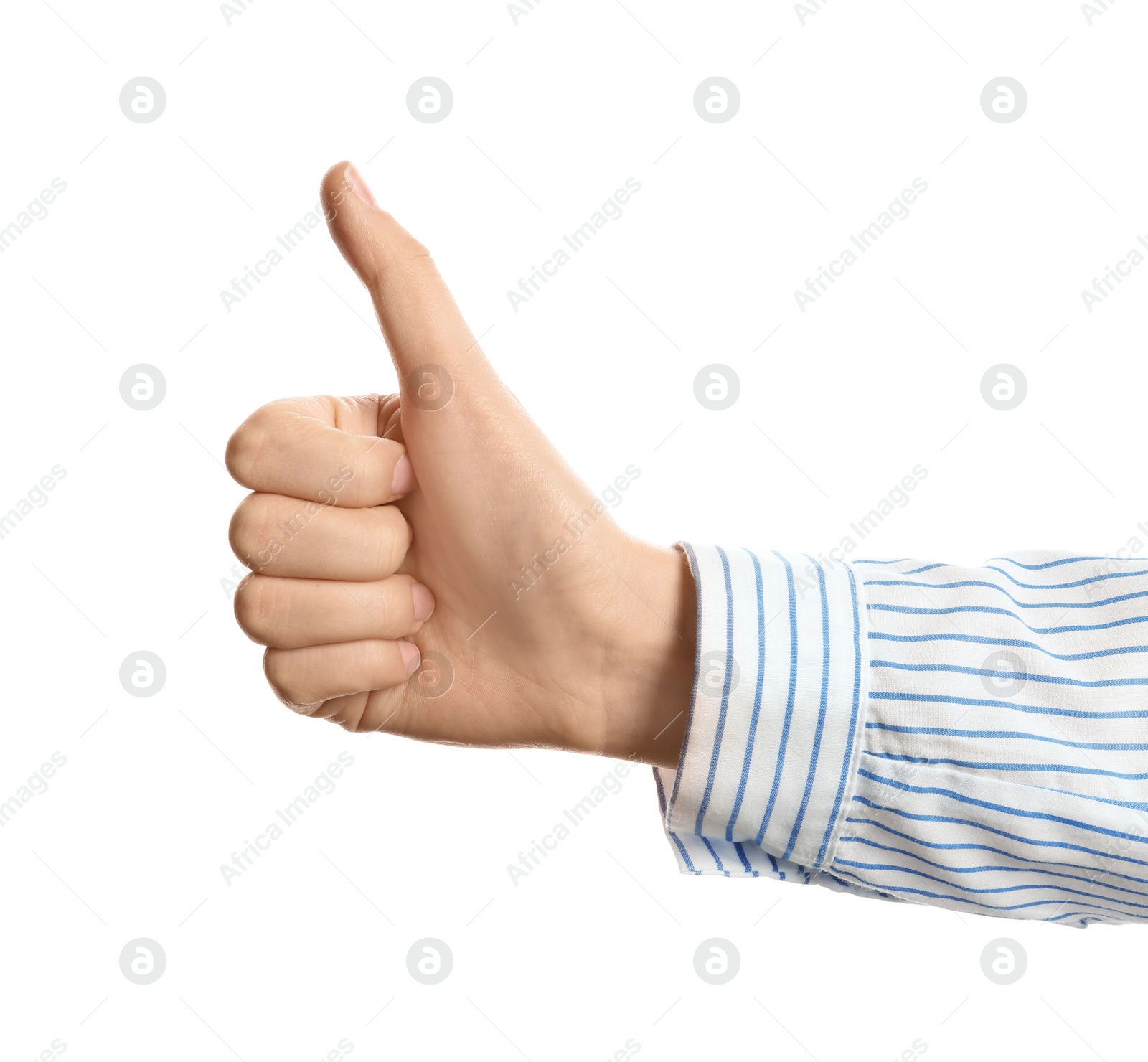 Photo of Young woman showing thumb sign on white background