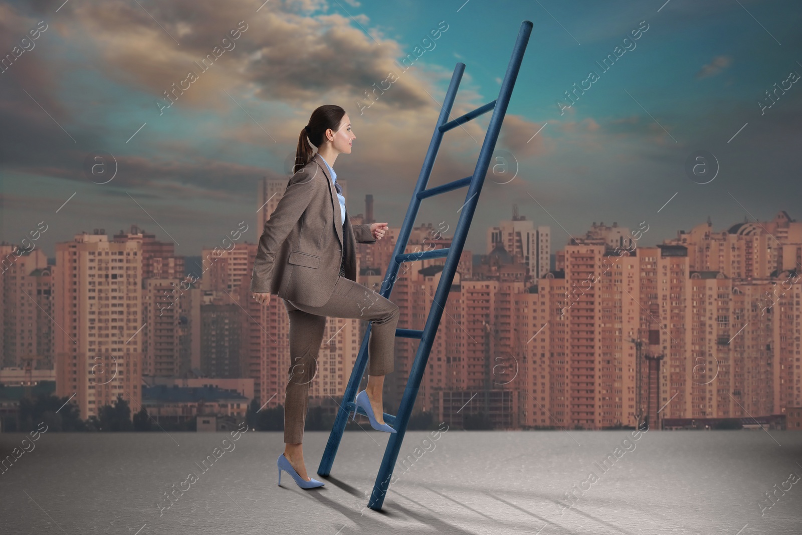 Image of Businesswoman climbing up ladder and cityscape on background. Career promotion concept