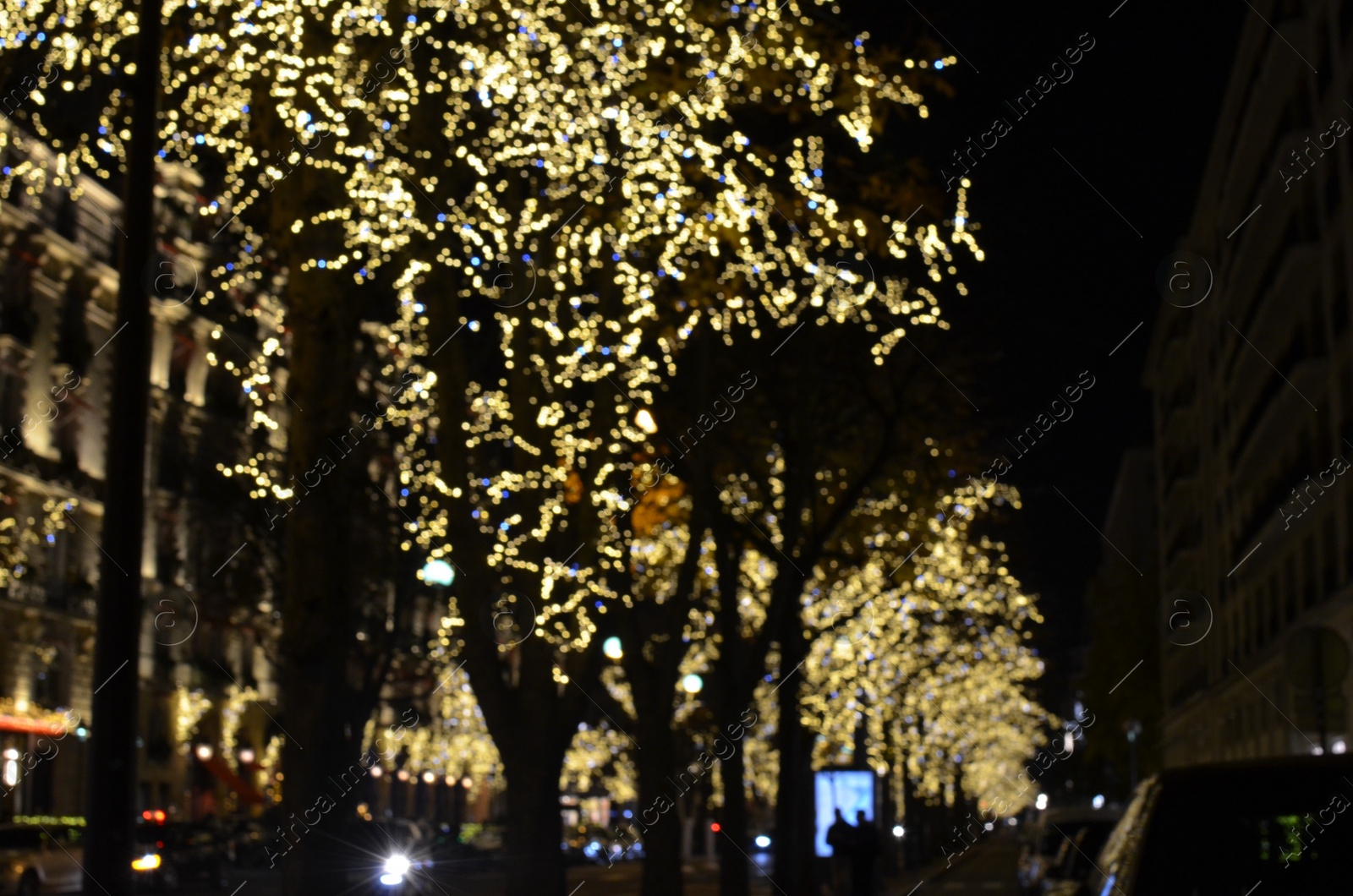 Photo of Blurred view of street with beautiful lights on trees at night