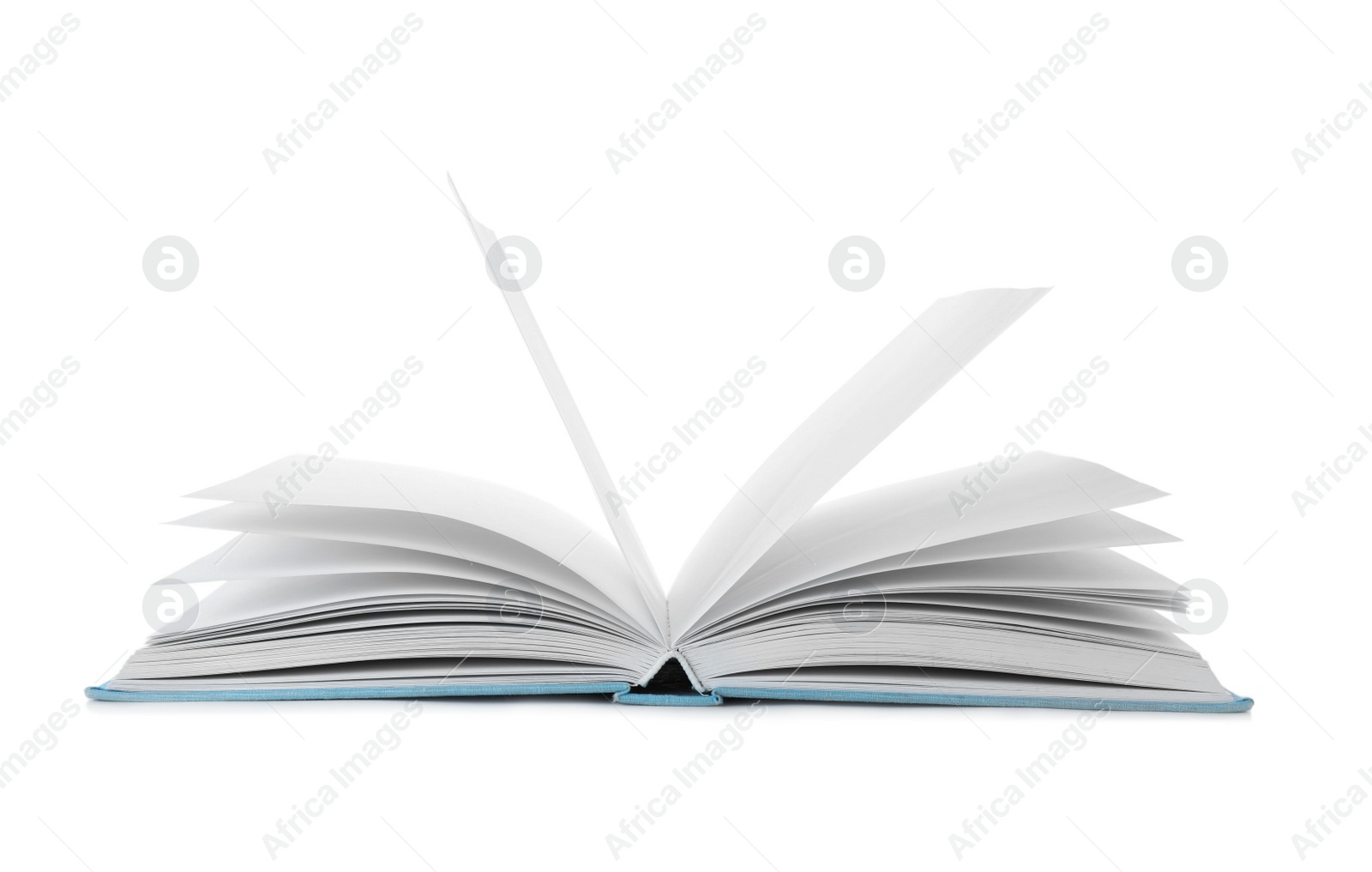 Photo of Open book with hard cover on white background