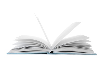 Photo of Open book with hard cover on white background