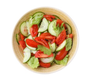 Delicious fresh cucumber tomato salad in bowl on white background, top view