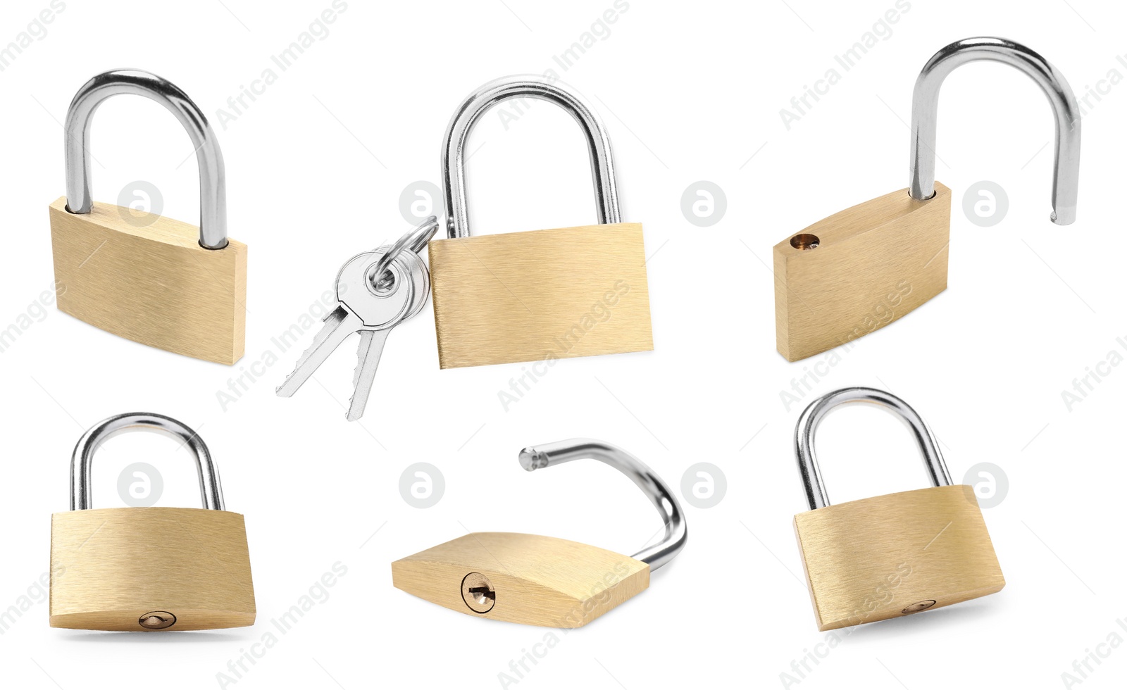 Image of Steel padlock isolated on white, different sides. Set