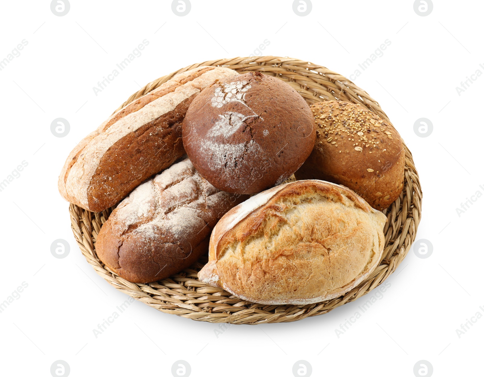 Photo of Wicker basket with different types of fresh bread isolated on white, top view