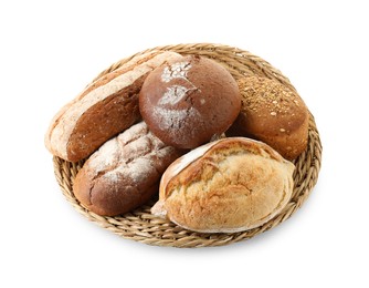 Wicker basket with different types of fresh bread isolated on white, top view