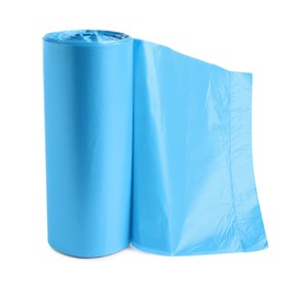 Roll of turquoise garbage bags on white background. Cleaning supplies