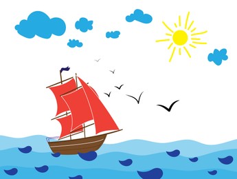 Illustration of Drawingbeautiful ship and sea on sunny day. Child art