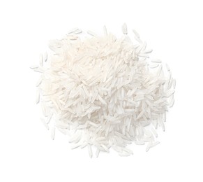 Photo of Pile of raw basmati rice isolated on white, top view