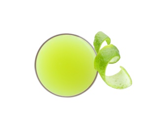 Photo of Glass of Midori Sunset cocktail on white background, top view. Traditional alcoholic drink