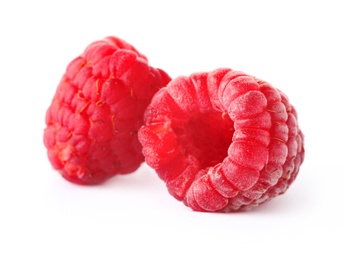 Delicious fresh ripe raspberries on white background