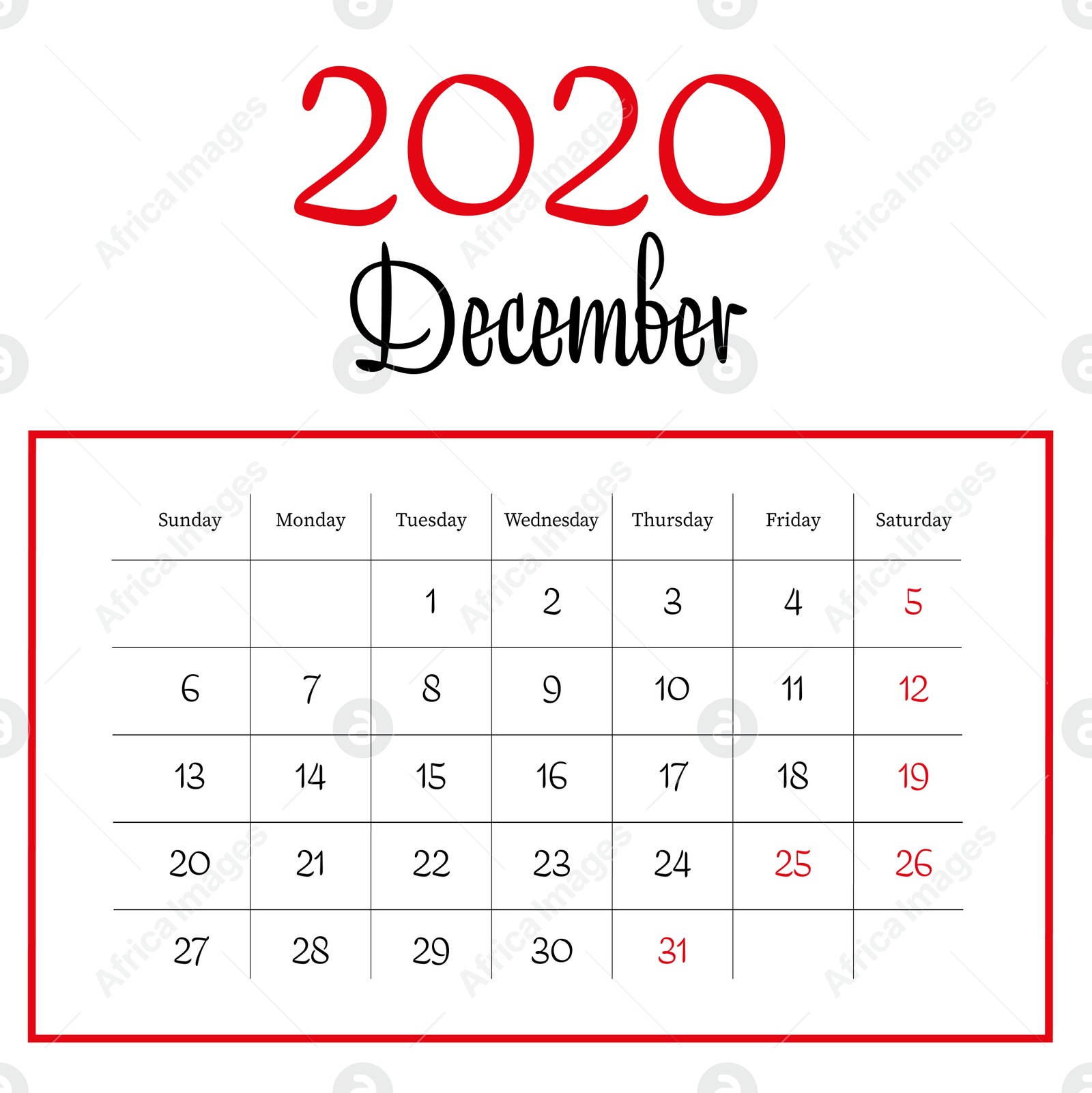 Illustration of 2020 December calendar design on white background