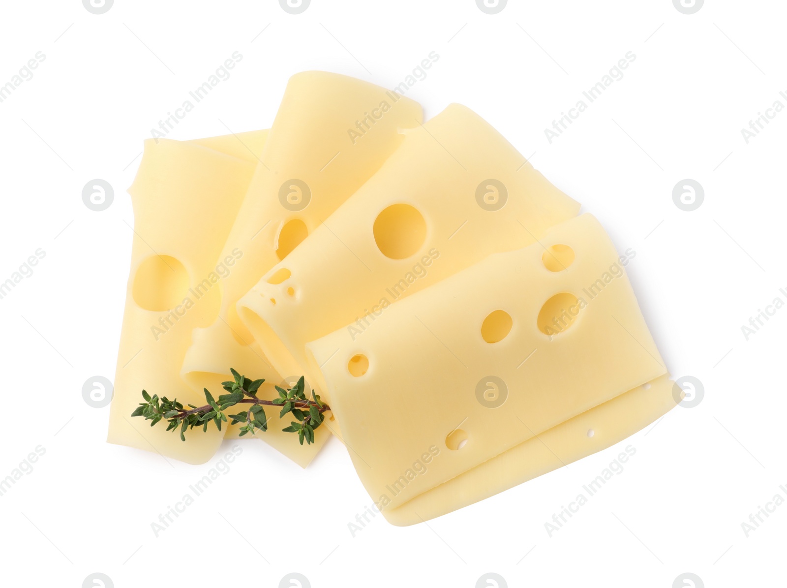 Photo of Slices of tasty fresh cheese and thyme isolated on white, top view