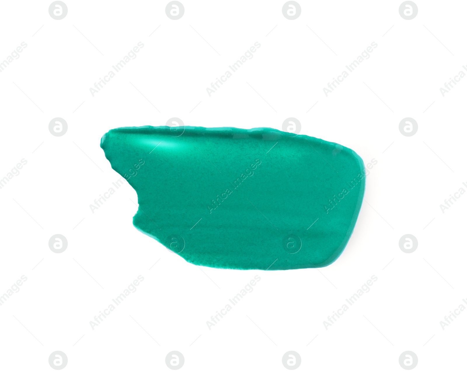 Photo of Green paint sample on white background, top view