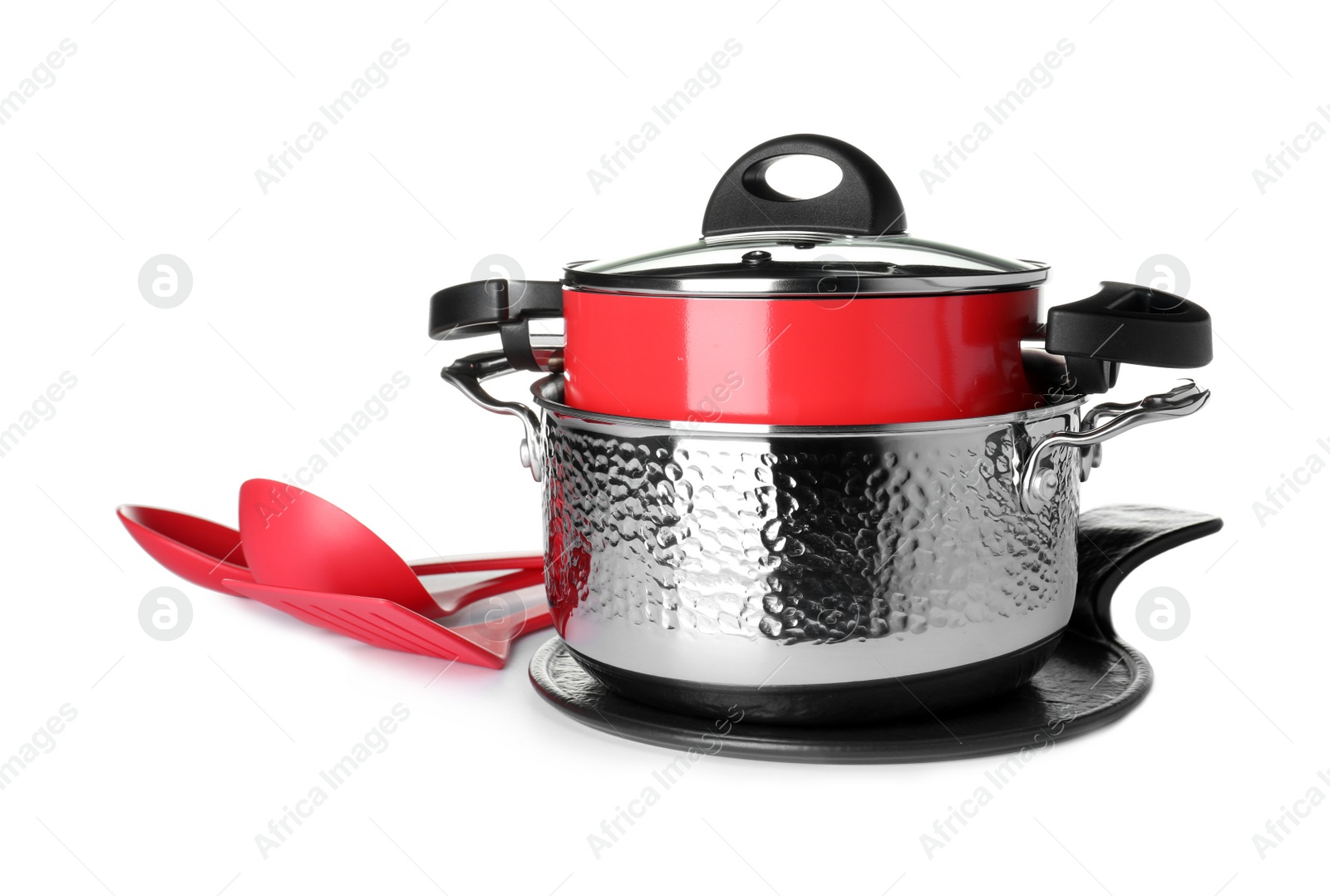 Photo of Set of clean cookware and utensils isolated on white