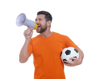 Emotional sports fan with ball and megaphone celebrating on white background