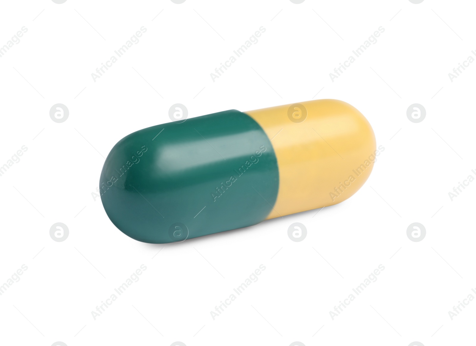 Photo of One pill on white background. Medicinal treatment