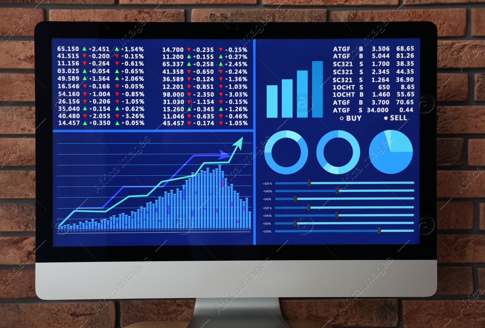 Photo of Modern computer with statistic information near brick wall