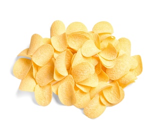 Tasty crispy potato chips on white background