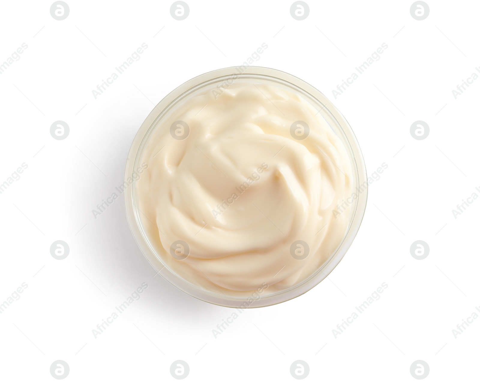 Photo of Delicious mayonnaise sauce in bowl on white background, top view