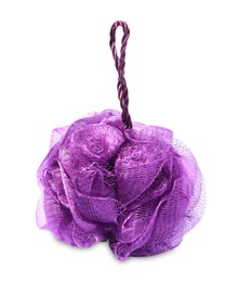 Photo of New purple shower puff isolated on white. Personal hygiene