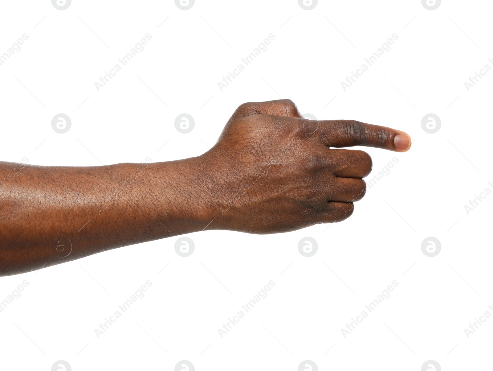 Photo of African-American man showing hand gesture on white background, closeup