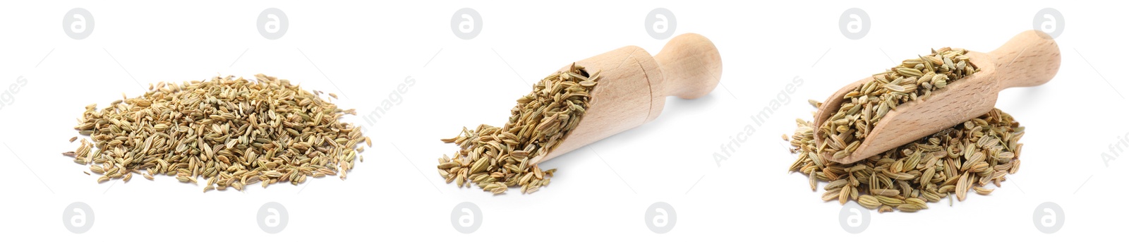 Image of Dry fennel seeds isolated on white, set