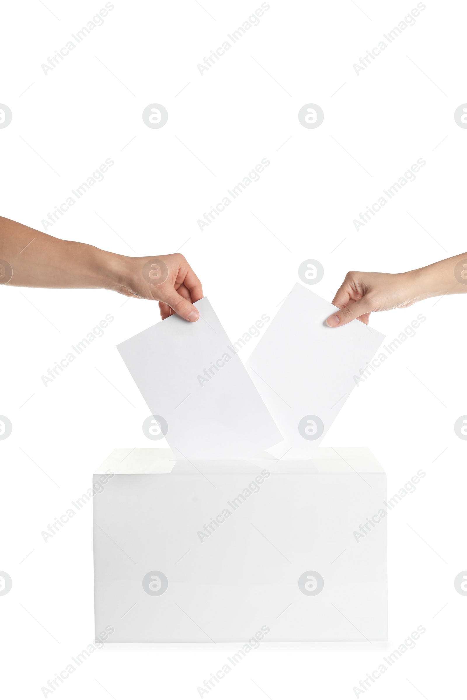 Photo of People putting their votes into ballot box on white background, closeup