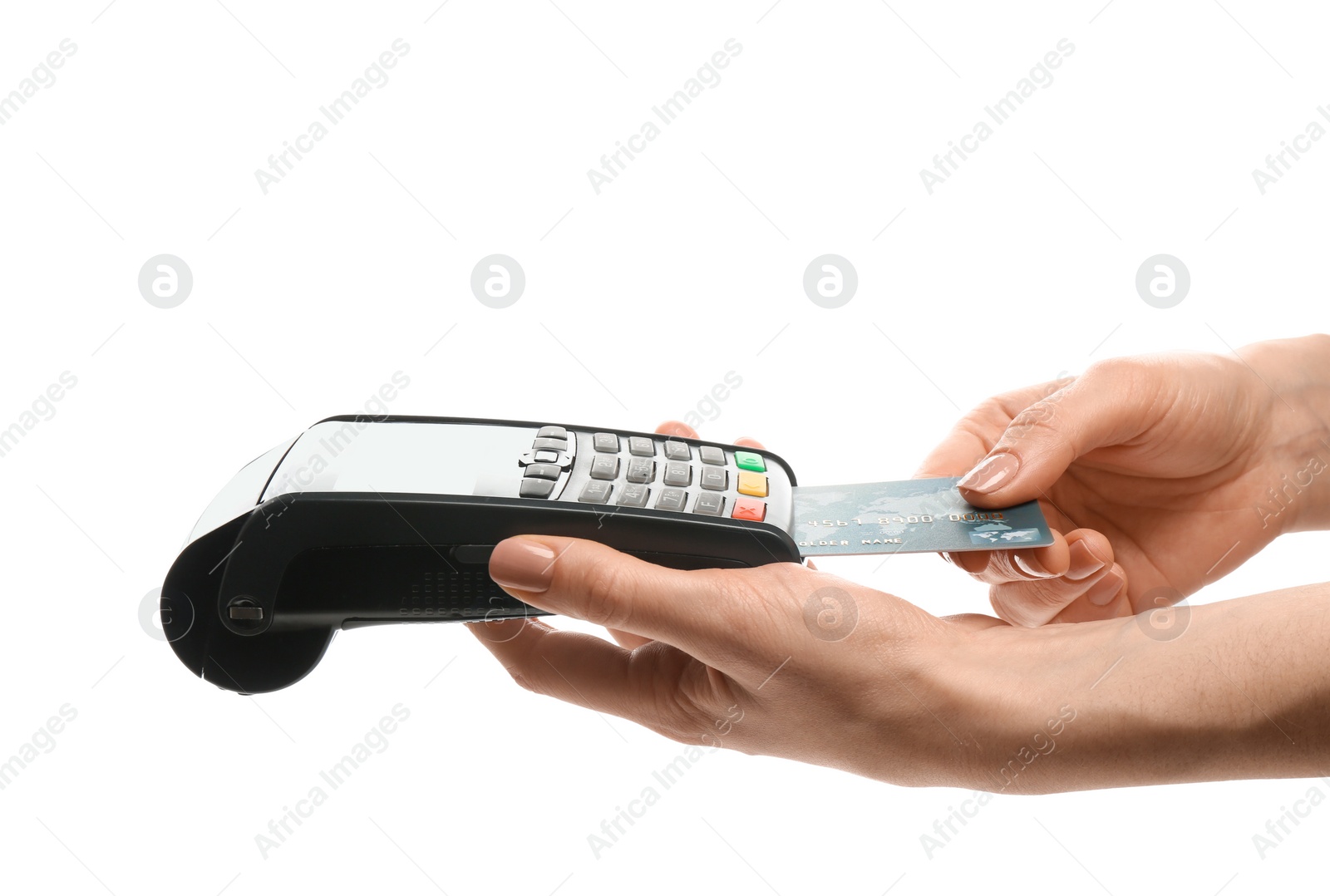 Photo of Woman using payment terminal on white background, closeup