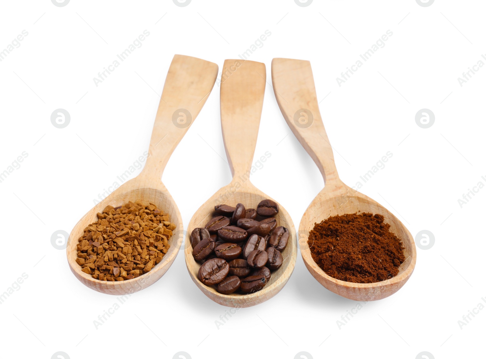 Photo of Wooden spoons of beans, instant and ground coffee on white background