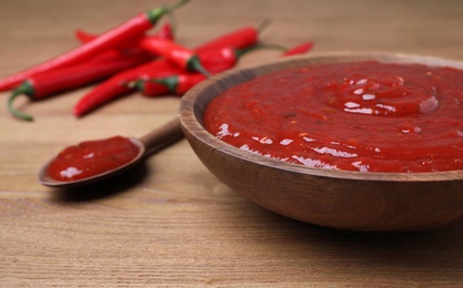 Photo of Plate and spoon of hot chili sauce on table, closeup. Space for text
