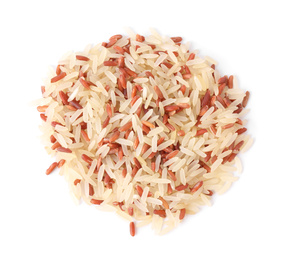 Photo of Mix of brown and polished rice isolated on white, top view