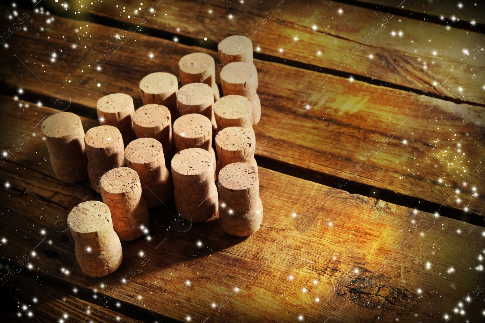 Image of Christmas tree made of wine corks on white table. Space for text