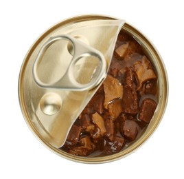 Tin can of wet pet food isolated on white, top view