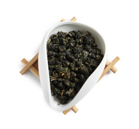 Photo of Bowl with Ali Shan Oolong tea on white background, top view