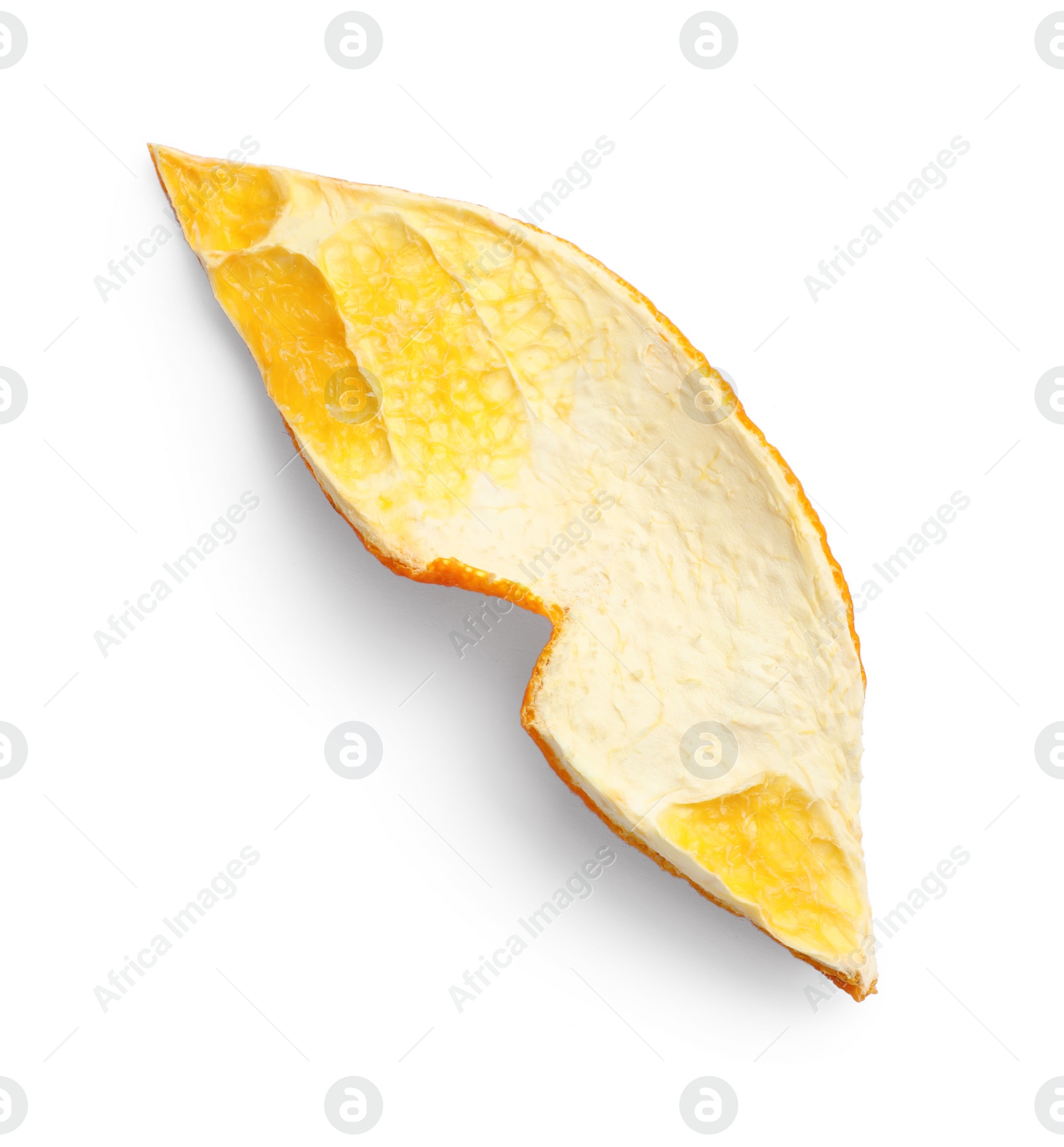 Photo of Dry orange peel isolated on white, top view