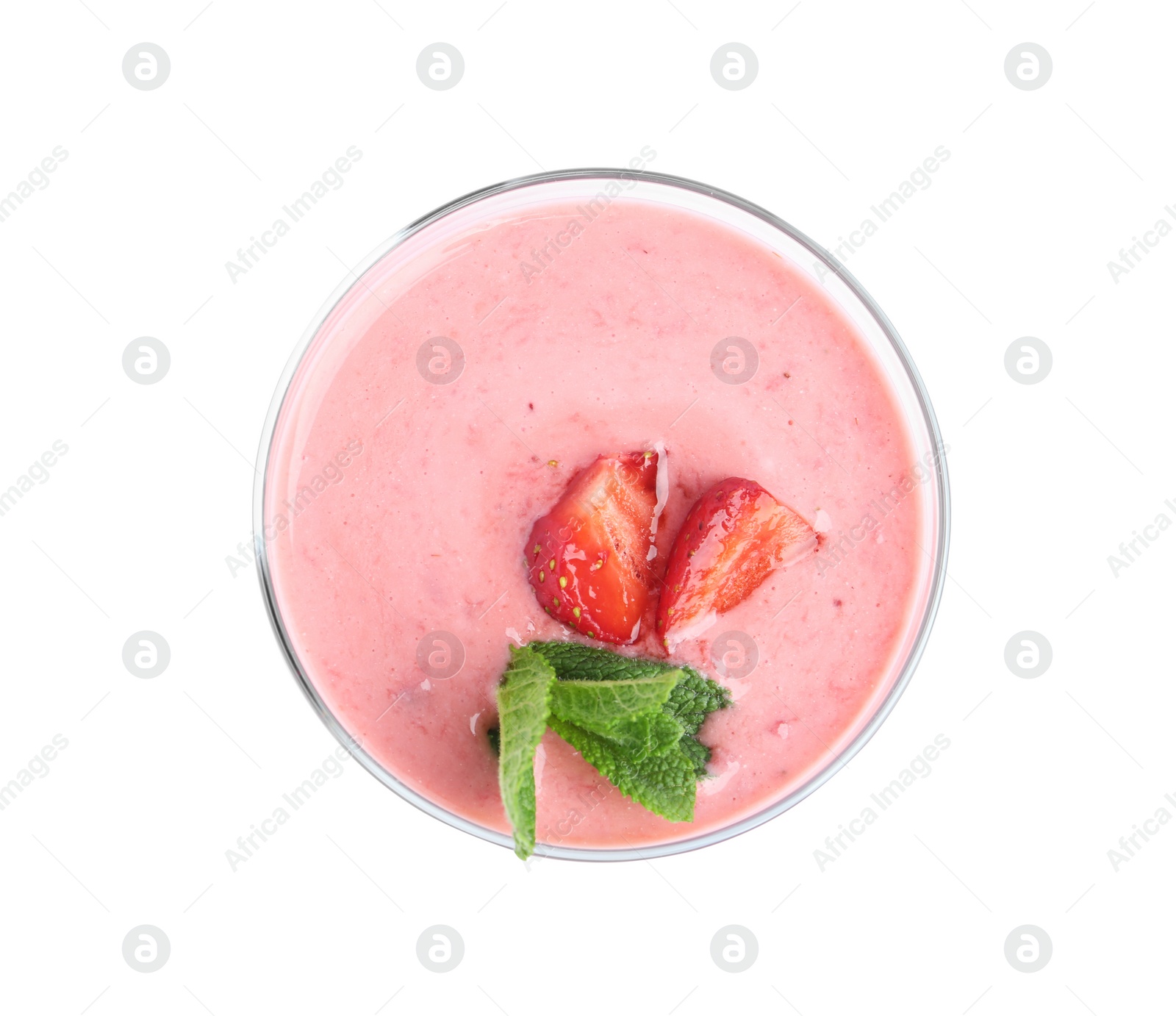 Photo of Tasty strawberry smoothie with mint in glass isolated on white, top view