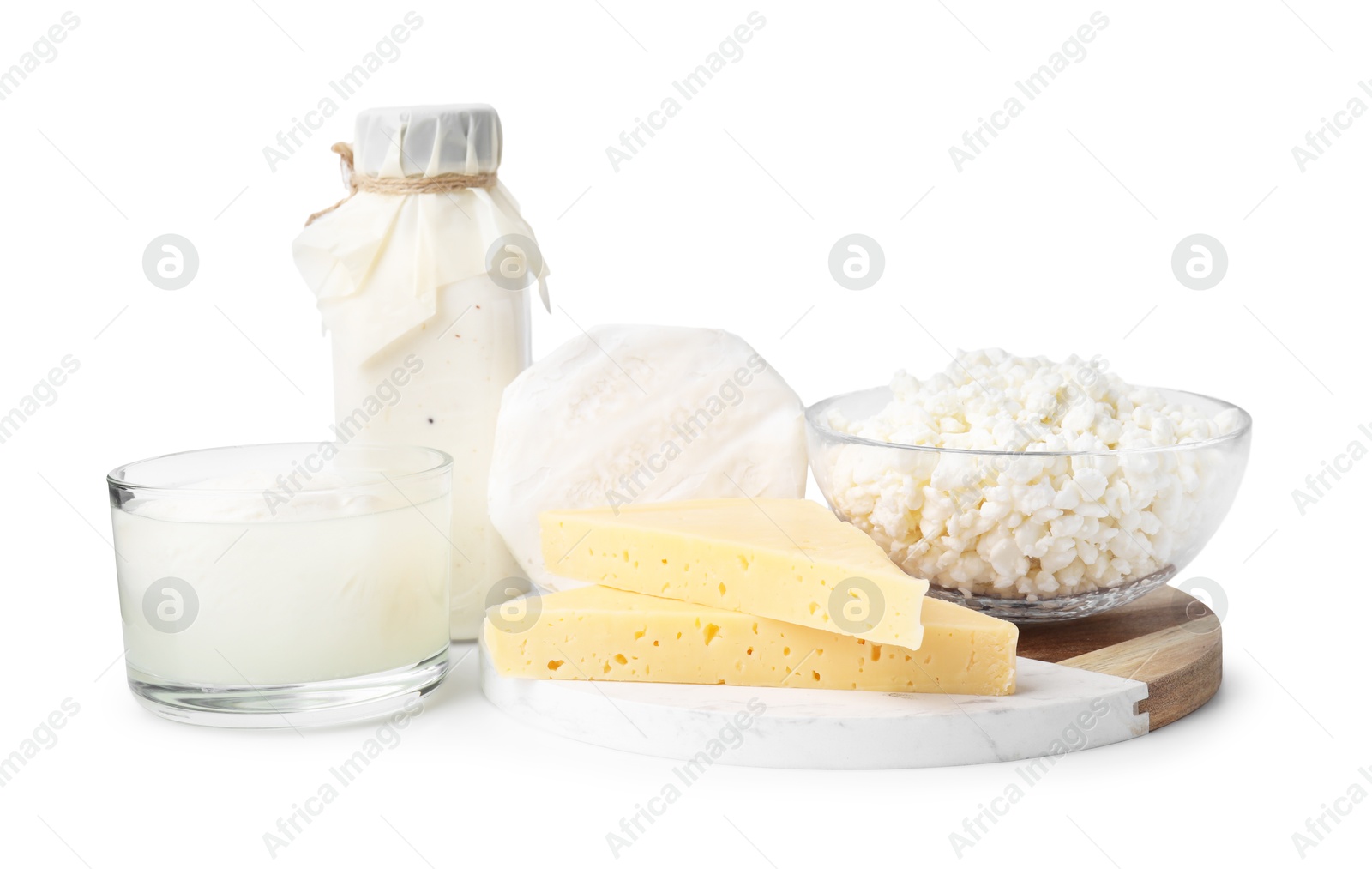 Photo of Different fresh dairy products isolated on white