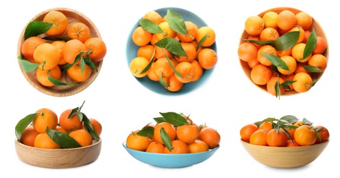 Image of Set with fresh ripe tangerines on white background. Banner design