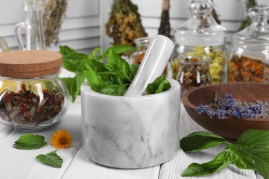 Photo of Mortar with pestle and many different medicinal herbs on white wooden table, closeup