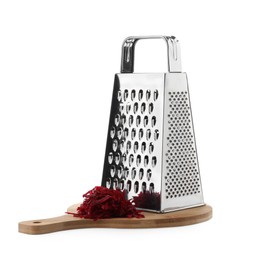 Photo of Stainless steel grater and fresh beetroot on white background