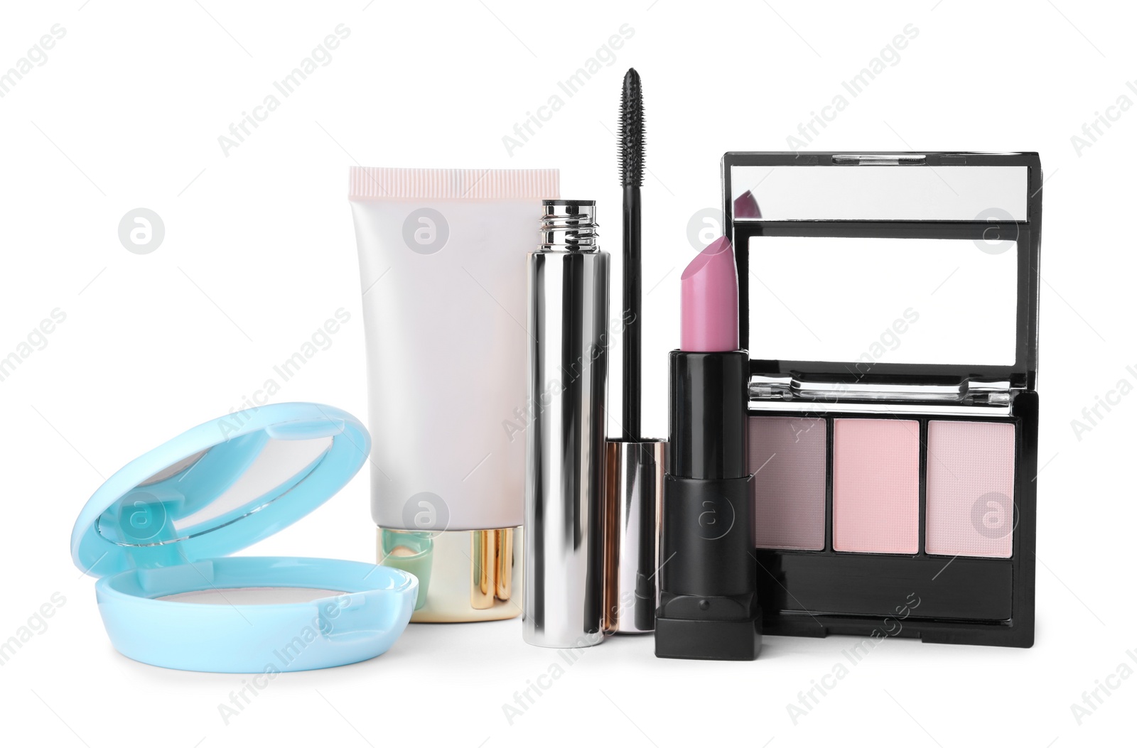 Photo of Different luxury cosmetic products on white background