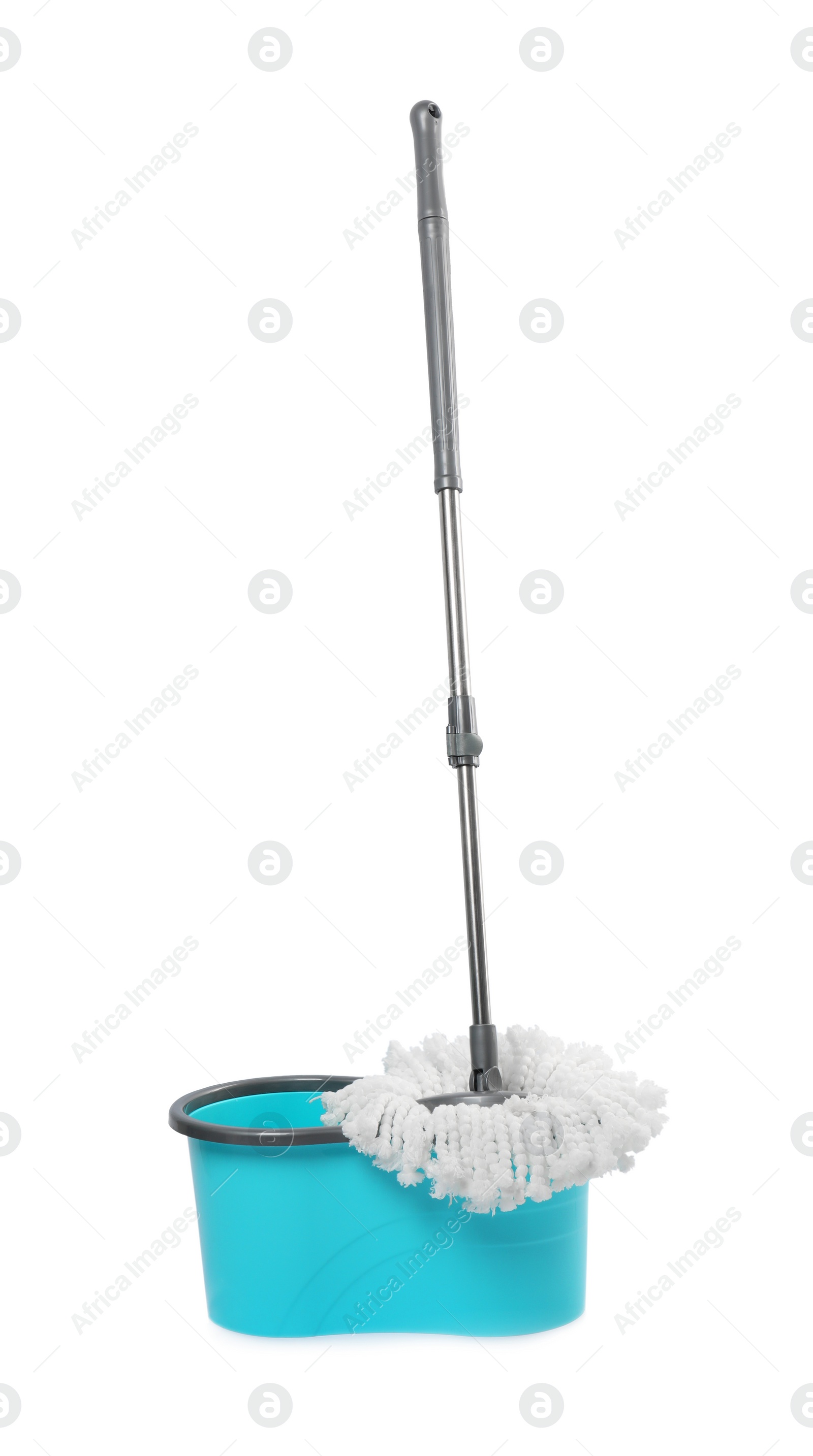 Photo of Mop and plastic bucket isolated on white