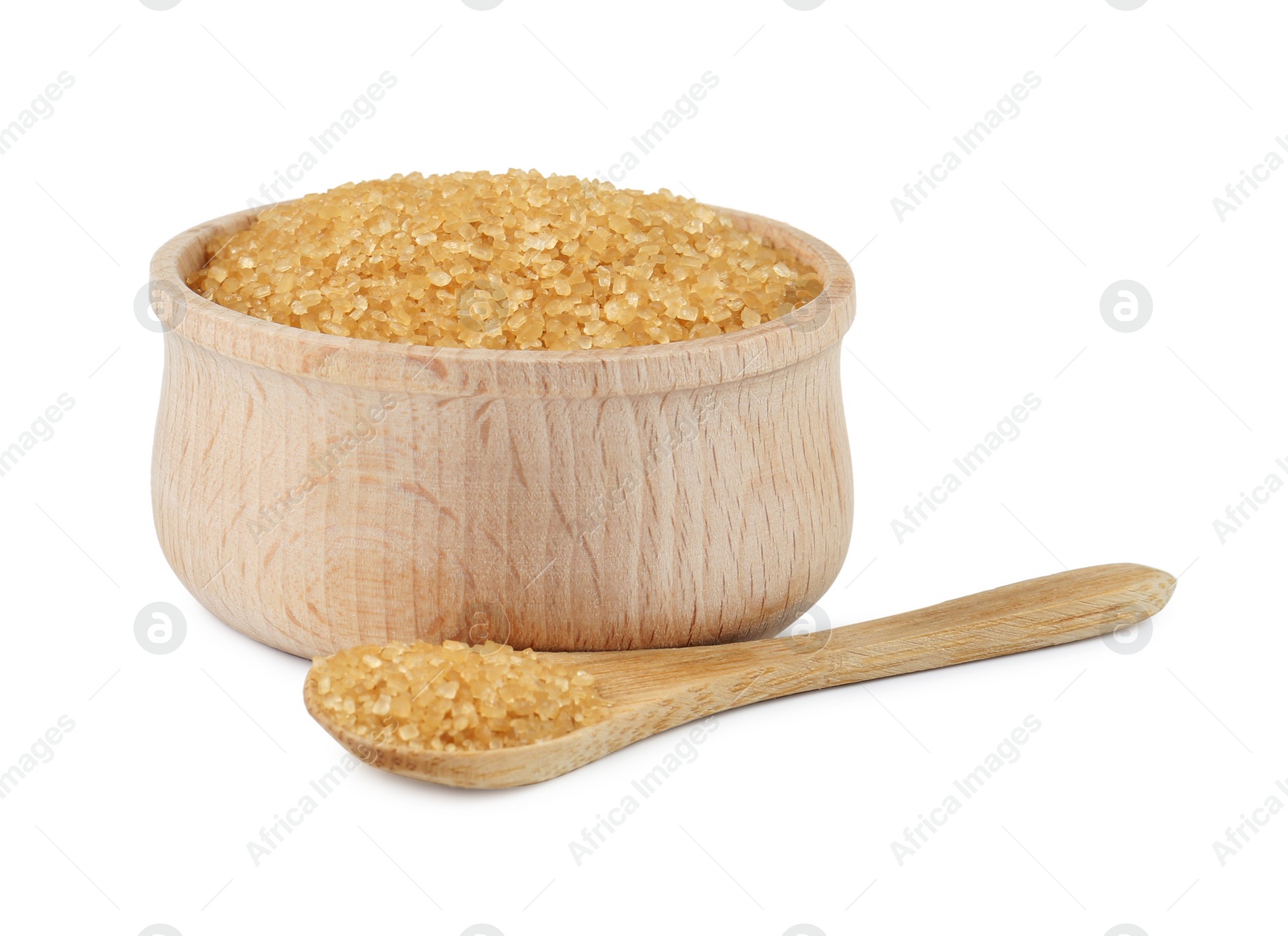 Photo of Brown sugar in bowl and spoon isolated on white