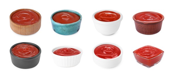 Image of Set of tasty ketchup in different bowls on white background