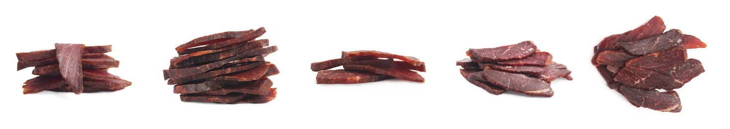 Set with delicious beef jerky on white background. Banner design