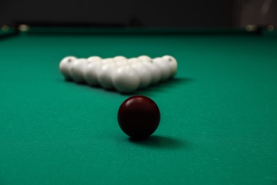 Photo of Different balls on modern billiard table indoors