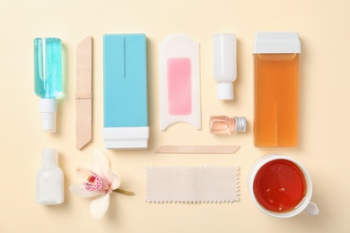 Photo of Set for epilation on color background, flat lay