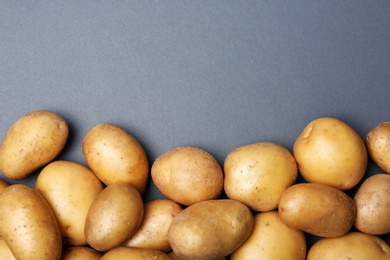 Flat lay composition with fresh organic potatoes and space for text on grey background