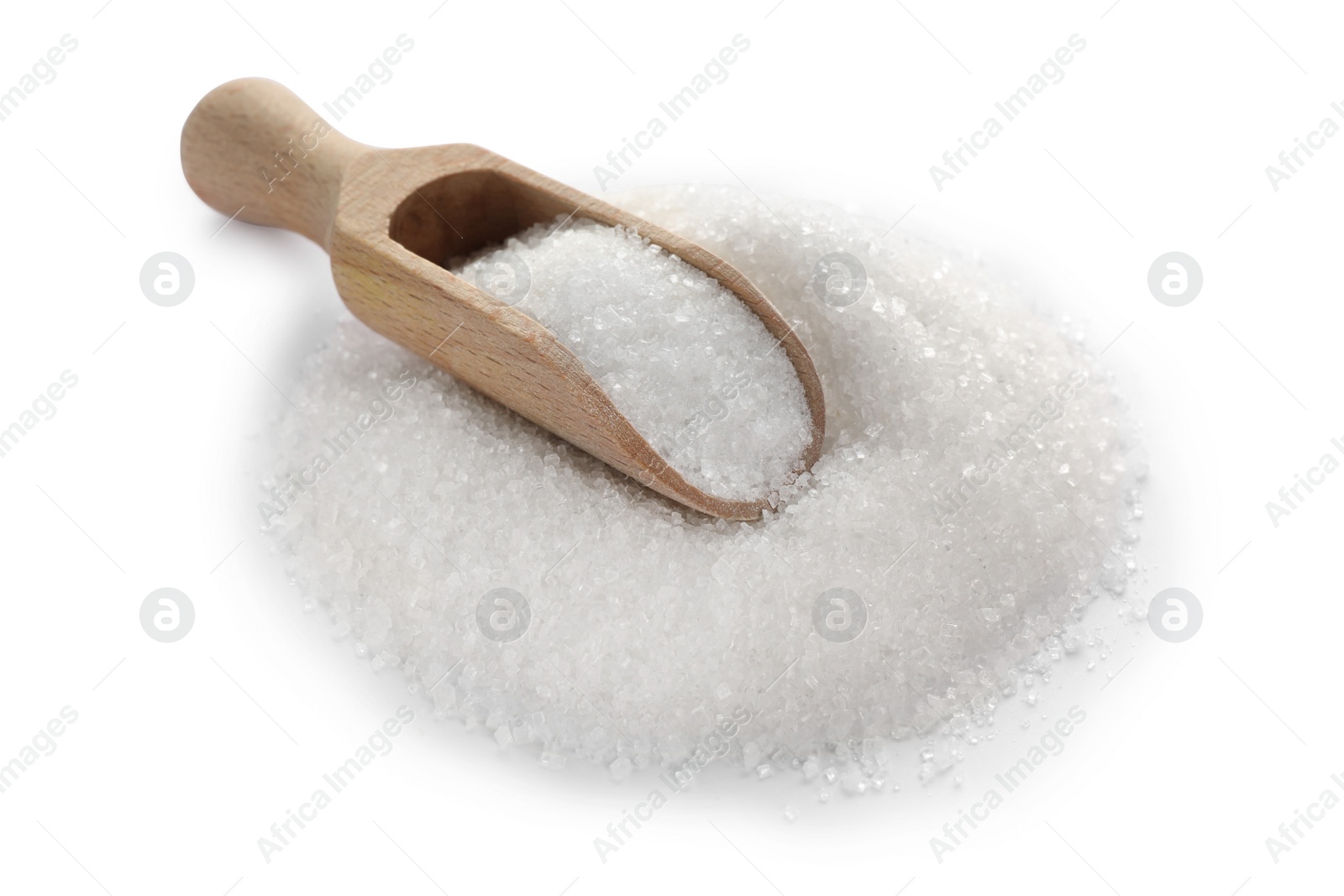 Photo of Wooden scoop and granulated sugar isolated on white